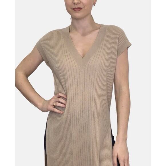 Autumn Cashmere Ribbed V-Neck Butterscotch Brown Tunic Knit Sweater Dress - Picture 2 of 6